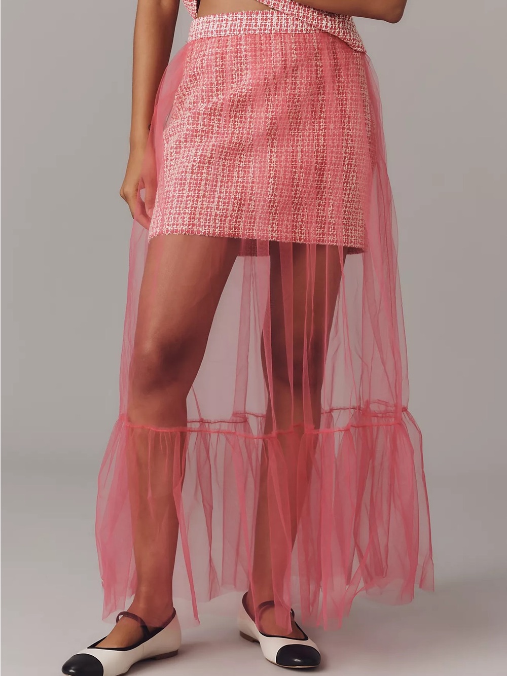 NWT Maeve Pink Tweed Mini Skirt with Sheer Pink Tulle Overlay sz S